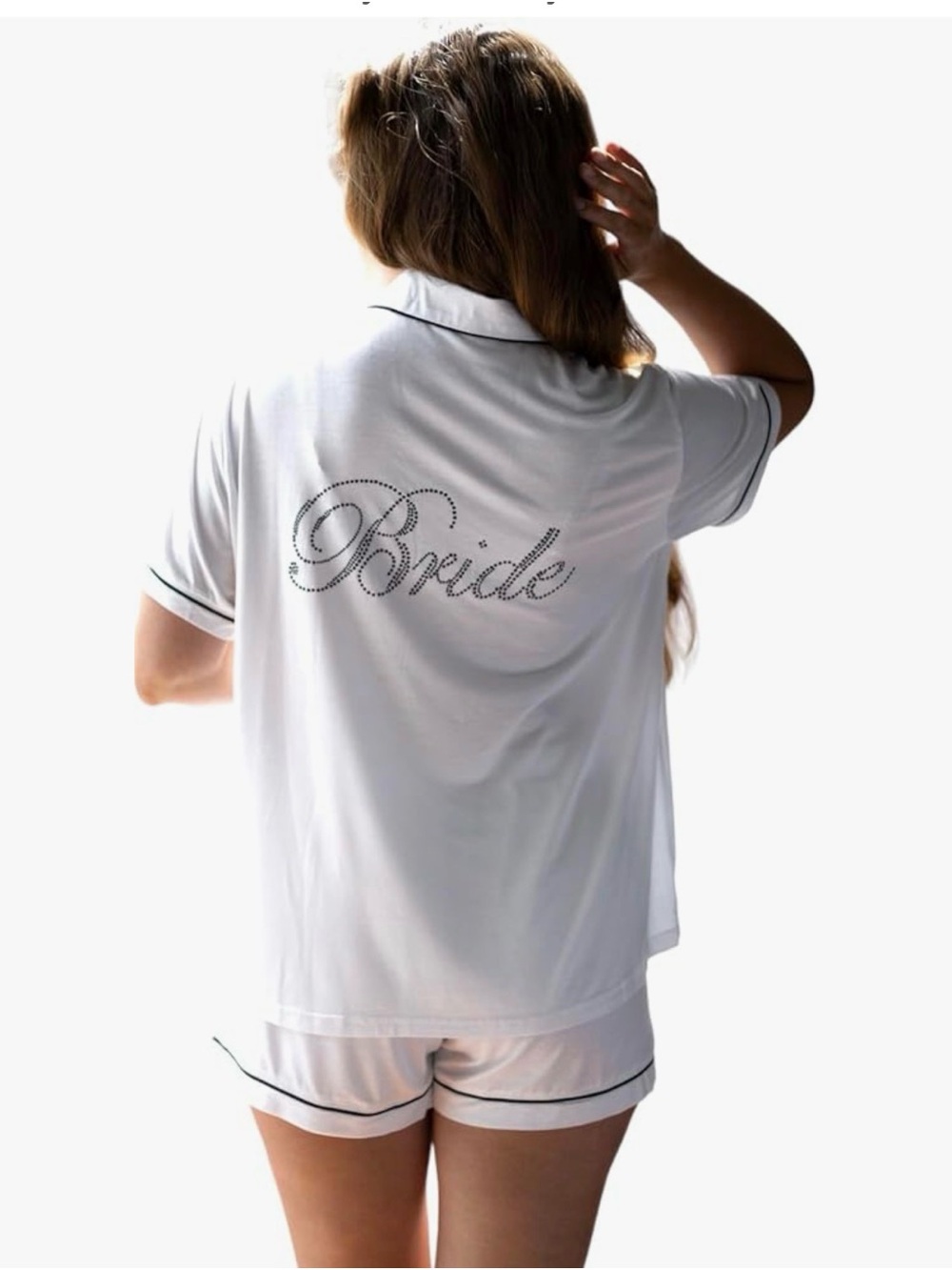 Bride White Short Pajama Set with Rhinestone Script